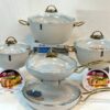 سرویس قابلمه 10 پارچه ام جی اس مدل ماینز(فورج) یراق طلایی درب پیرکس MGS